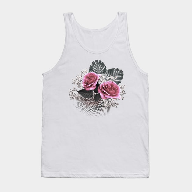 Pink Flowers Tropical Leaves Tank Top by Looly Elzayat